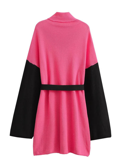 Vestido de punto con cinturón suelto y cuello alto para mujer de otoño