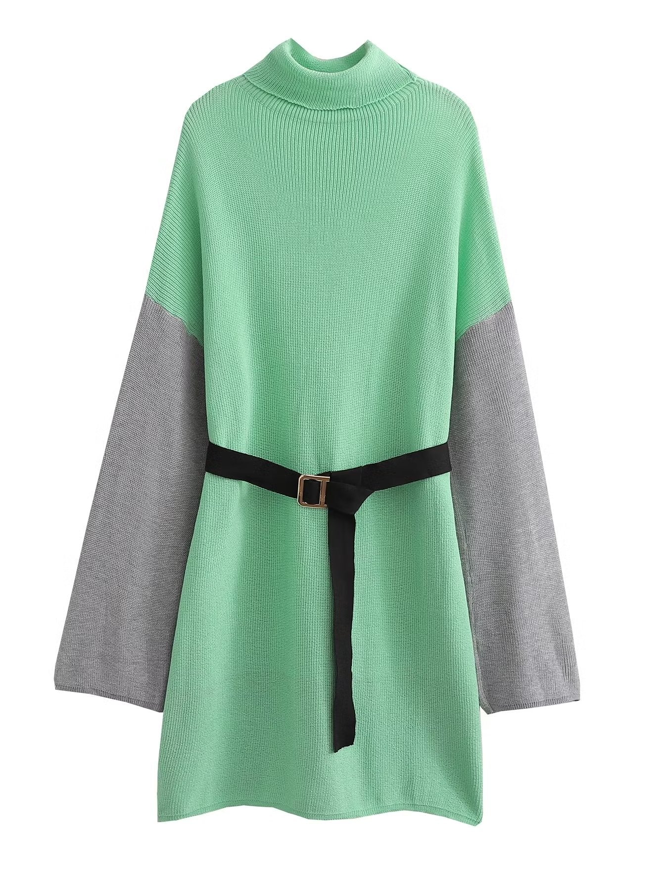 Vestido de punto con cinturón suelto y cuello alto para mujer de otoño
