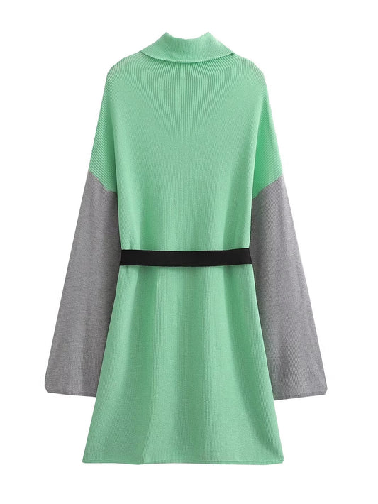 Vestido de punto con cinturón suelto y cuello alto para mujer de otoño