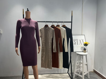Vestido de punto con cuello alto y manga larga para mujer, prenda exterior de otoño e invierno, fino, por encima de la rodilla, largo medio, moderno