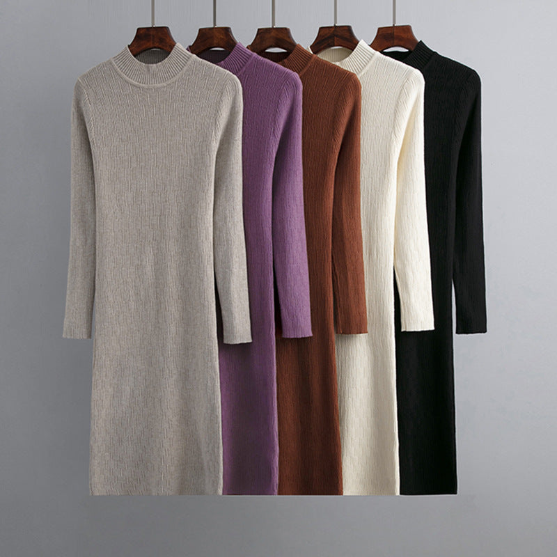 Vestido de punto con cuello alto y manga larga para mujer, prenda exterior de otoño e invierno, fino, por encima de la rodilla, largo medio, moderno