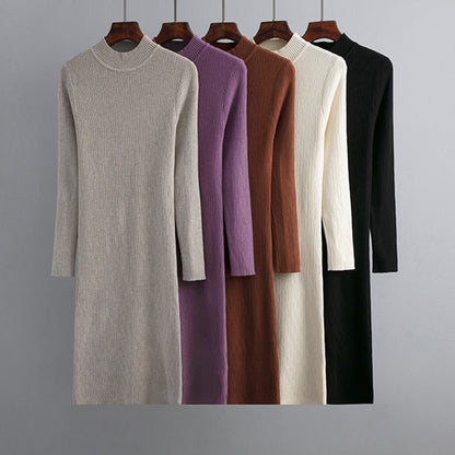 Vestido de punto con cuello alto y manga larga para mujer, prenda exterior de otoño e invierno, fino, por encima de la rodilla, largo medio, moderno