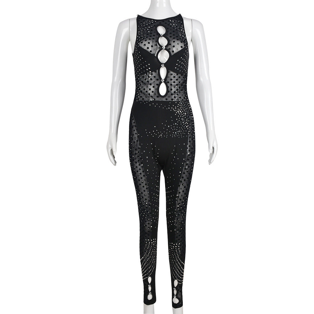 Mono sin mangas de malla con cremallera y diamantes de imitación para mujer, con aberturas y cuello redondo flocado