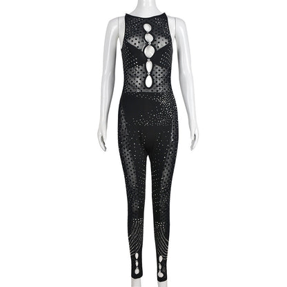 Mono sin mangas de malla con cremallera y diamantes de imitación para mujer, con aberturas y cuello redondo flocado