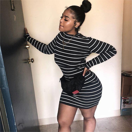 Women Clothing Striped Long Sleeve Short Dress