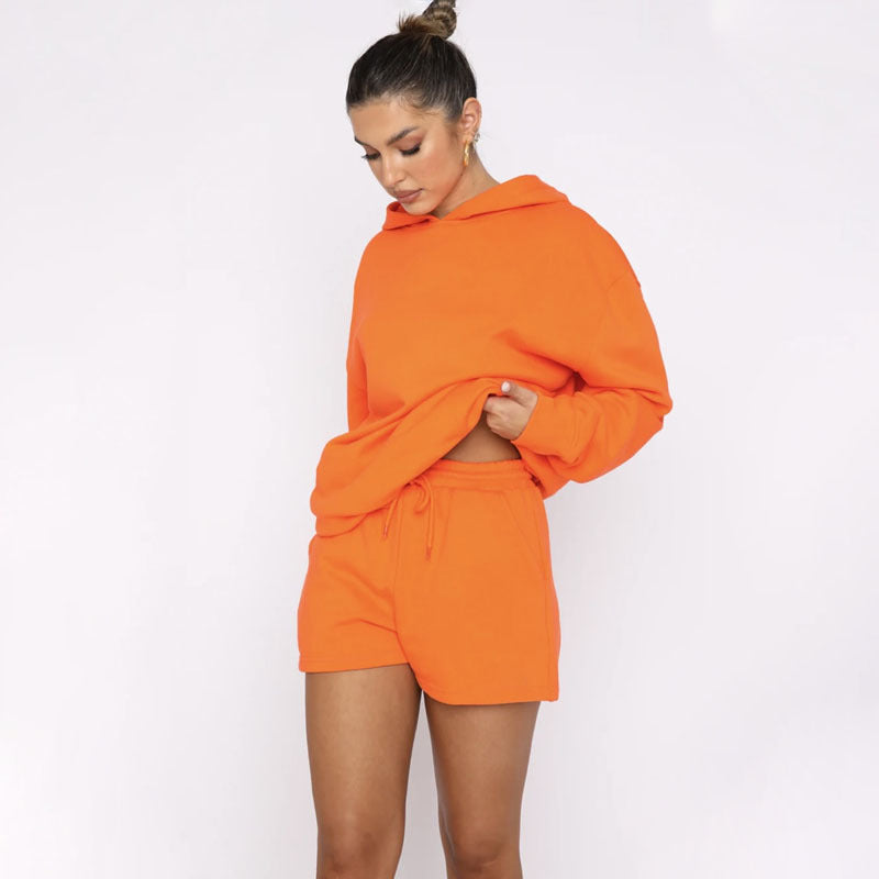 Suéteres de manga larga con capucha y color liso para otoño e invierno, ropa para mujer, pantalones cortos informales, traje