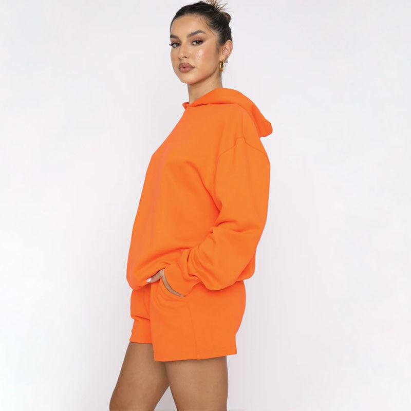 Suéteres de manga larga con capucha y color liso para otoño e invierno, ropa para mujer, pantalones cortos informales, traje
