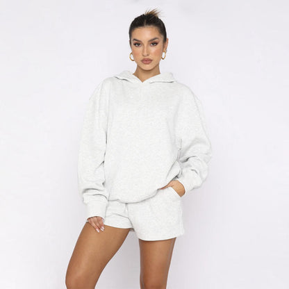 Suéteres de manga larga con capucha y color liso para otoño e invierno, ropa para mujer, pantalones cortos informales, traje