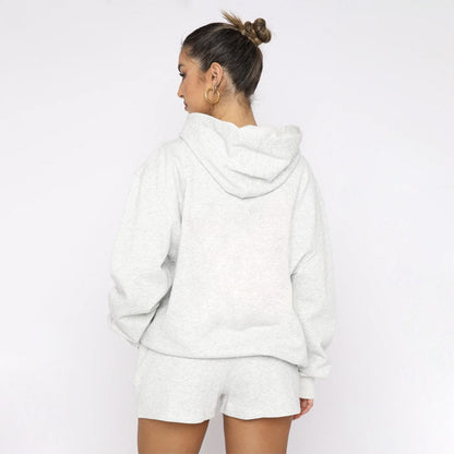 Suéteres de manga larga con capucha y color liso para otoño e invierno, ropa para mujer, pantalones cortos informales, traje
