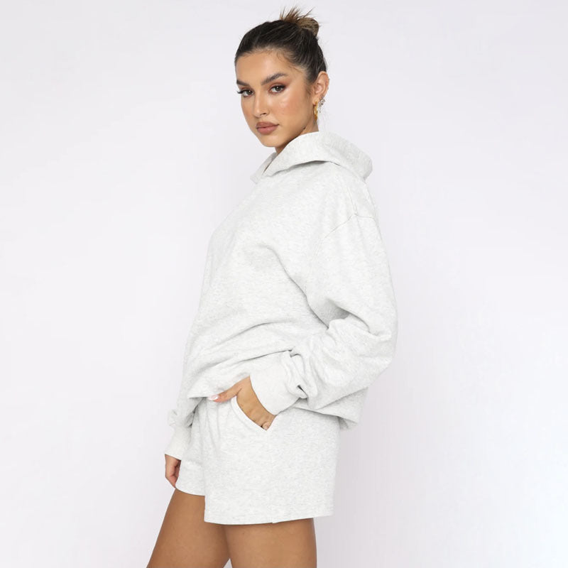 Suéteres de manga larga con capucha y color liso para otoño e invierno, ropa para mujer, pantalones cortos informales, traje