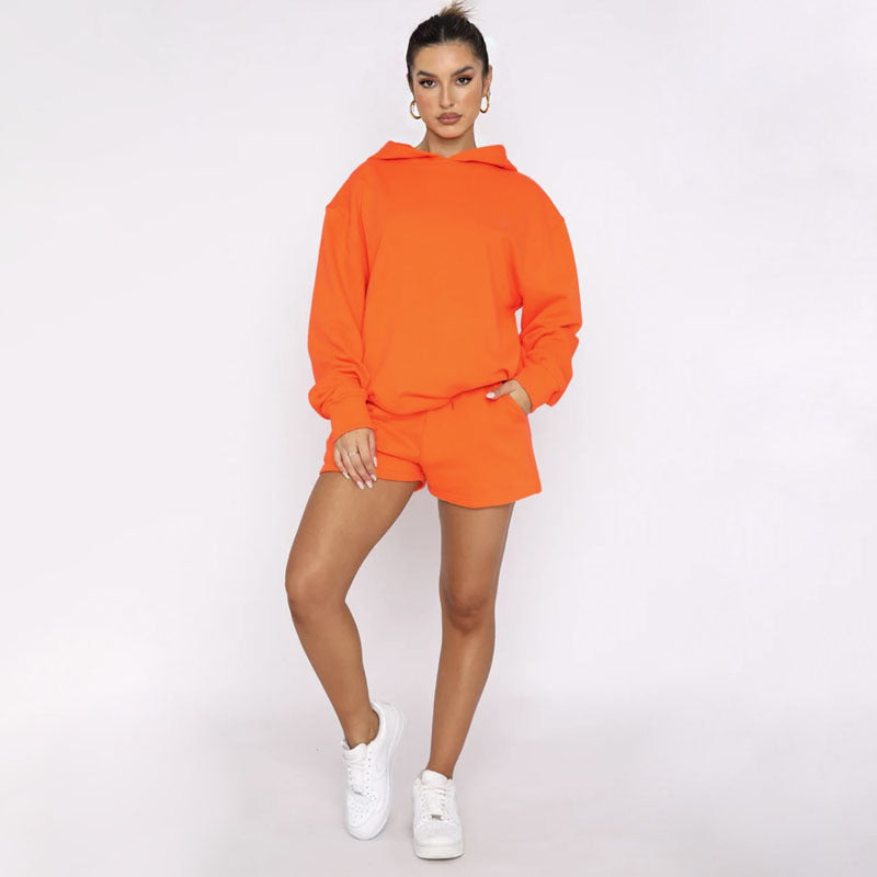 Suéteres de manga larga con capucha y color liso para otoño e invierno, ropa para mujer, pantalones cortos informales, traje