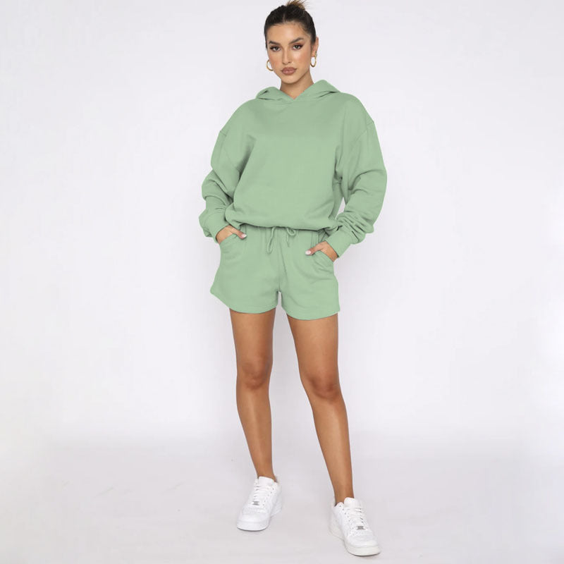 Suéteres de manga larga con capucha y color liso para otoño e invierno, ropa para mujer, pantalones cortos informales, traje