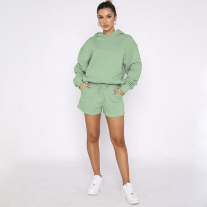 Suéteres de manga larga con capucha y color liso para otoño e invierno, ropa para mujer, pantalones cortos informales, traje