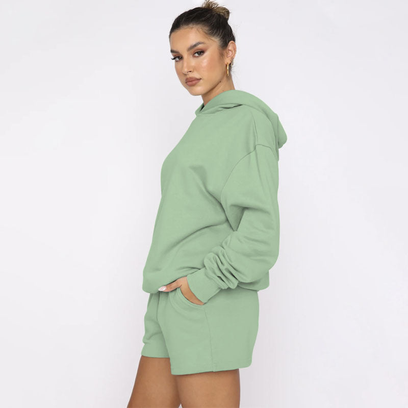 Suéteres de manga larga con capucha y color liso para otoño e invierno, ropa para mujer, pantalones cortos informales, traje