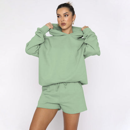 Suéteres de manga larga con capucha y color liso para otoño e invierno, ropa para mujer, pantalones cortos informales, traje