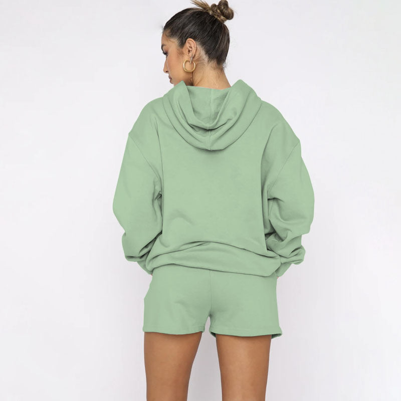 Suéteres de manga larga con capucha y color liso para otoño e invierno, ropa para mujer, pantalones cortos informales, traje