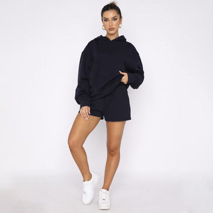 Suéteres de manga larga con capucha y color liso para otoño e invierno, ropa para mujer, pantalones cortos informales, traje
