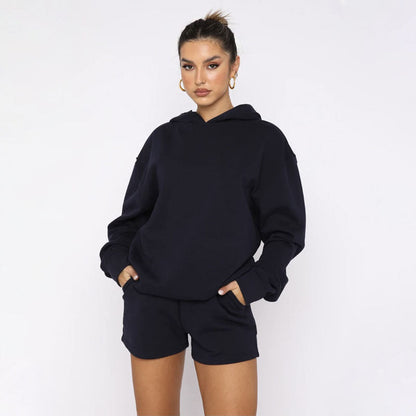 Suéteres de manga larga con capucha y color liso para otoño e invierno, ropa para mujer, pantalones cortos informales, traje