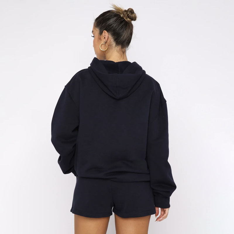 Suéteres de manga larga con capucha y color liso para otoño e invierno, ropa para mujer, pantalones cortos informales, traje