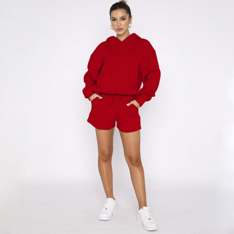 Suéteres de manga larga con capucha y color liso para otoño e invierno, ropa para mujer, pantalones cortos informales, traje