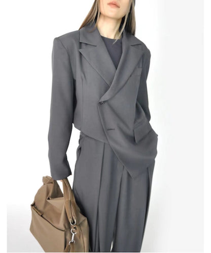 Conjunto de blazer corto con diseño asimétrico irregular para otoño e invierno, pantalones de pierna ancha y cintura alta