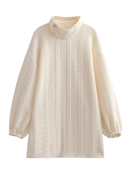 Fall Women Clothing Office Stand Collar Twist Knitted Quilted Long Sleeve Dress