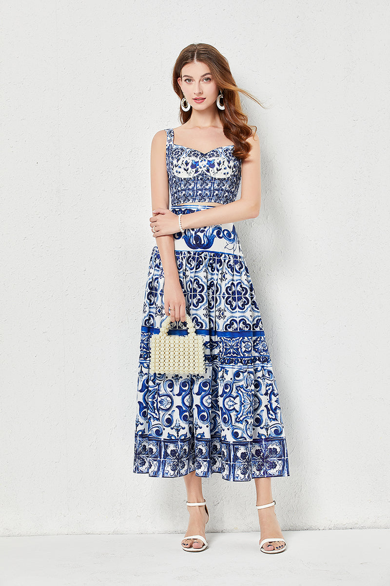 Conjunto de dos piezas de falda sin tirantes tridimensional con estampado de porcelana azul y blanca para mujer, con acolchado en el pecho