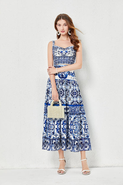 Conjunto de dos piezas de falda sin tirantes tridimensional con estampado de porcelana azul y blanca para mujer, con acolchado en el pecho