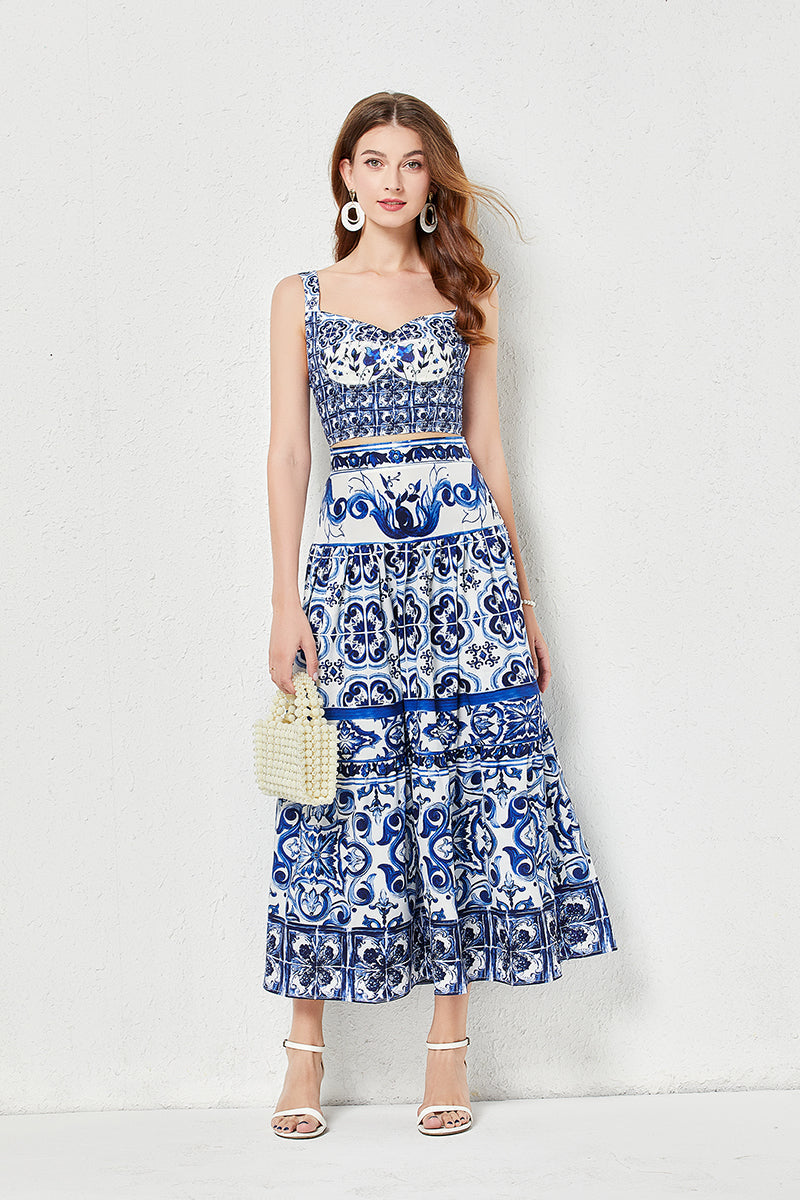 Conjunto de dos piezas de falda sin tirantes tridimensional con estampado de porcelana azul y blanca para mujer, con acolchado en el pecho