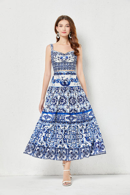 Conjunto de dos piezas de falda sin tirantes tridimensional con estampado de porcelana azul y blanca para mujer, con acolchado en el pecho