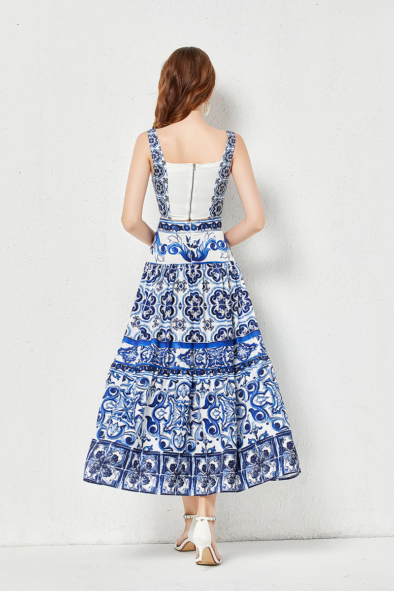 Conjunto de dos piezas de falda sin tirantes tridimensional con estampado de porcelana azul y blanca para mujer, con acolchado en el pecho