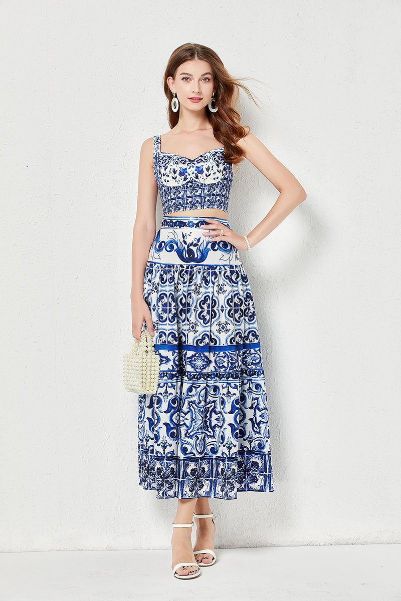 Conjunto de dos piezas de falda sin tirantes tridimensional con estampado de porcelana azul y blanca para mujer, con acolchado en el pecho