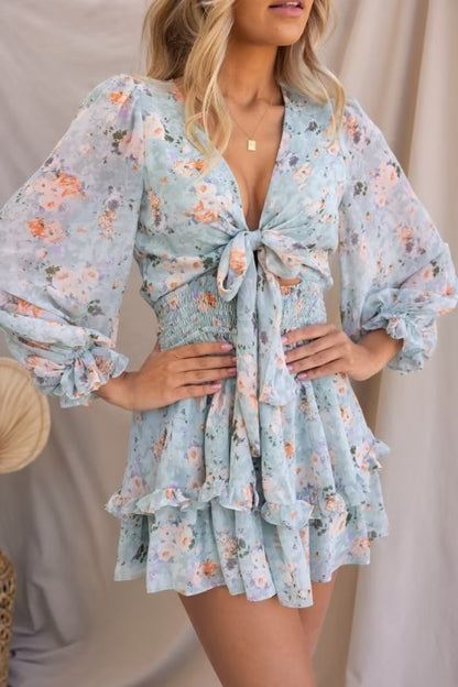 Vestido de invierno con lazo, cintura elástica, laminado, estampado y volantes