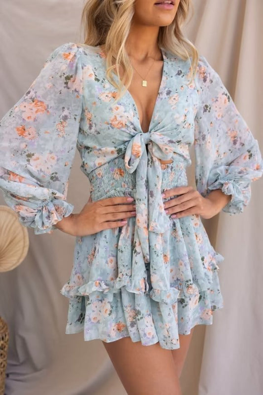 Winter Bow Tied Elastic Waist Laminated Ruffled Printed Dress