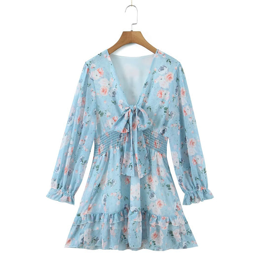 Winter Bow Tied Elastic Waist Laminated Ruffled Printed Dress
