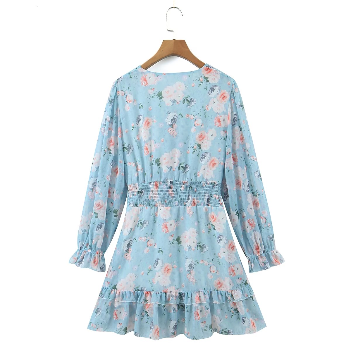 Vestido de invierno con lazo, cintura elástica, laminado, estampado y volantes