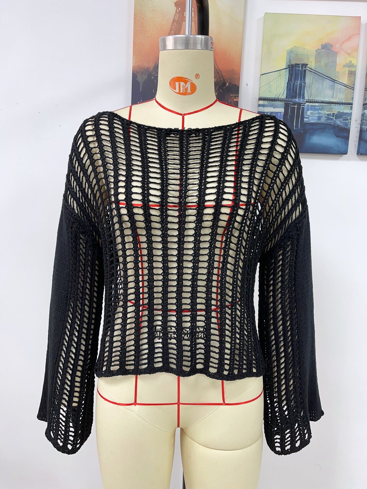 Blusa de punto para mujer, tejida a mano, con hombros descubiertos y aberturas, para primavera y verano