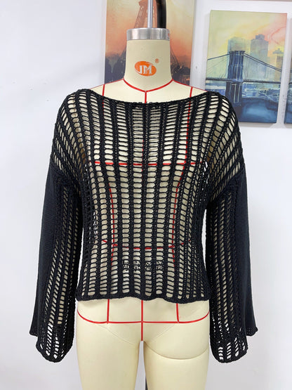 Blusa de punto para mujer, tejida a mano, con hombros descubiertos y aberturas, para primavera y verano