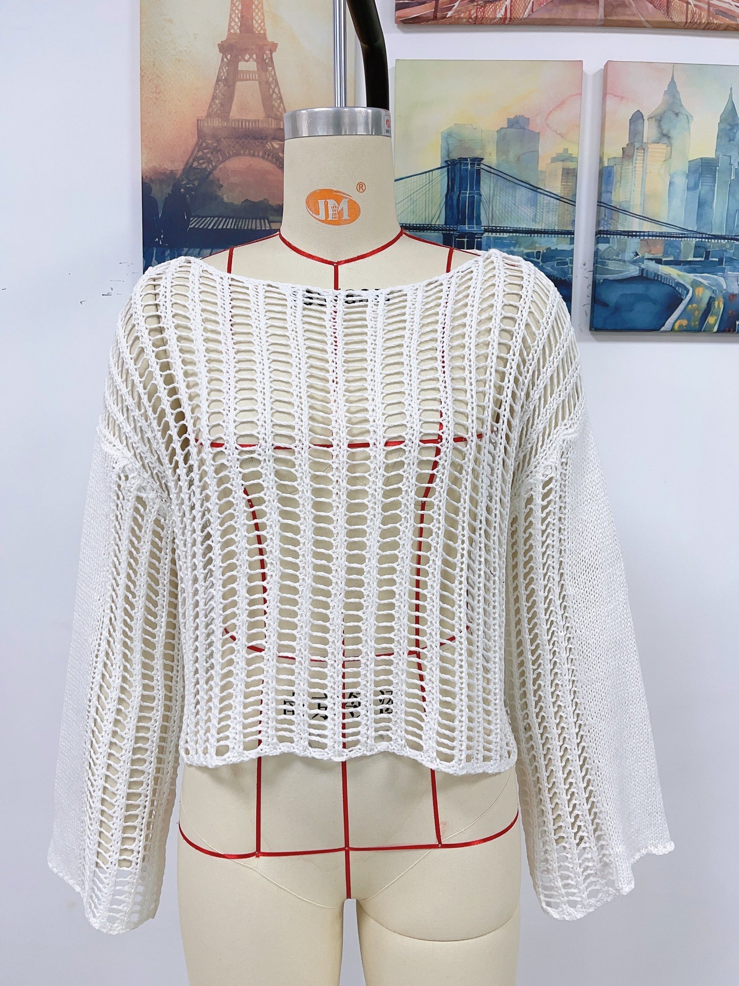 Blusa de punto para mujer, tejida a mano, con hombros descubiertos y aberturas, para primavera y verano