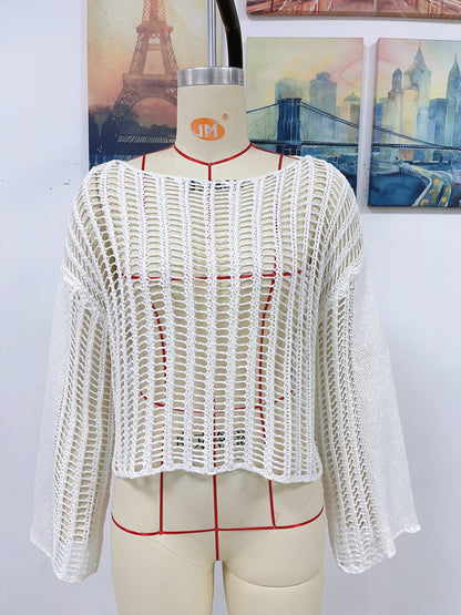 Blusa de punto para mujer, tejida a mano, con hombros descubiertos y aberturas, para primavera y verano