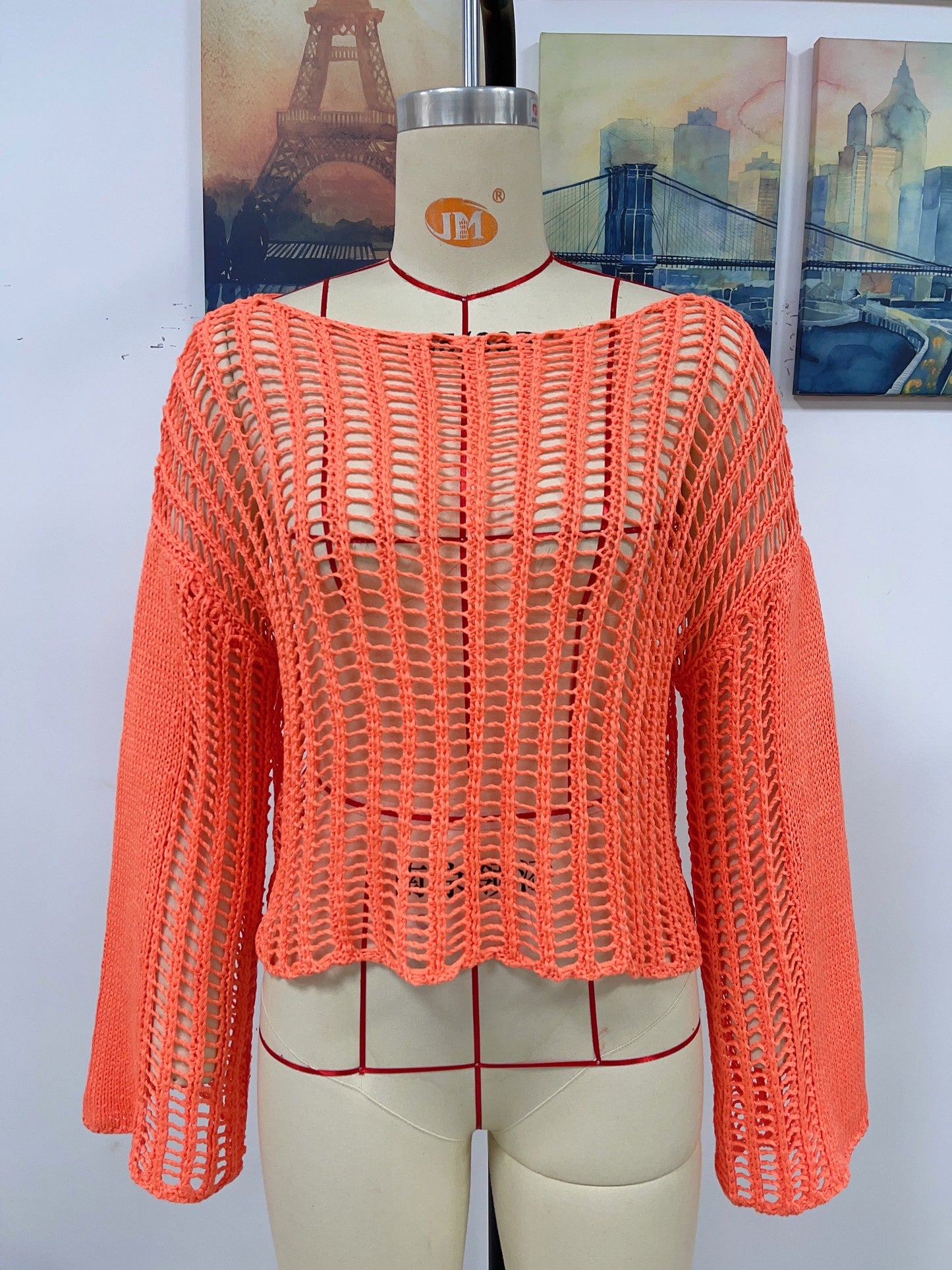 Blusa de punto para mujer, tejida a mano, con hombros descubiertos y aberturas, para primavera y verano