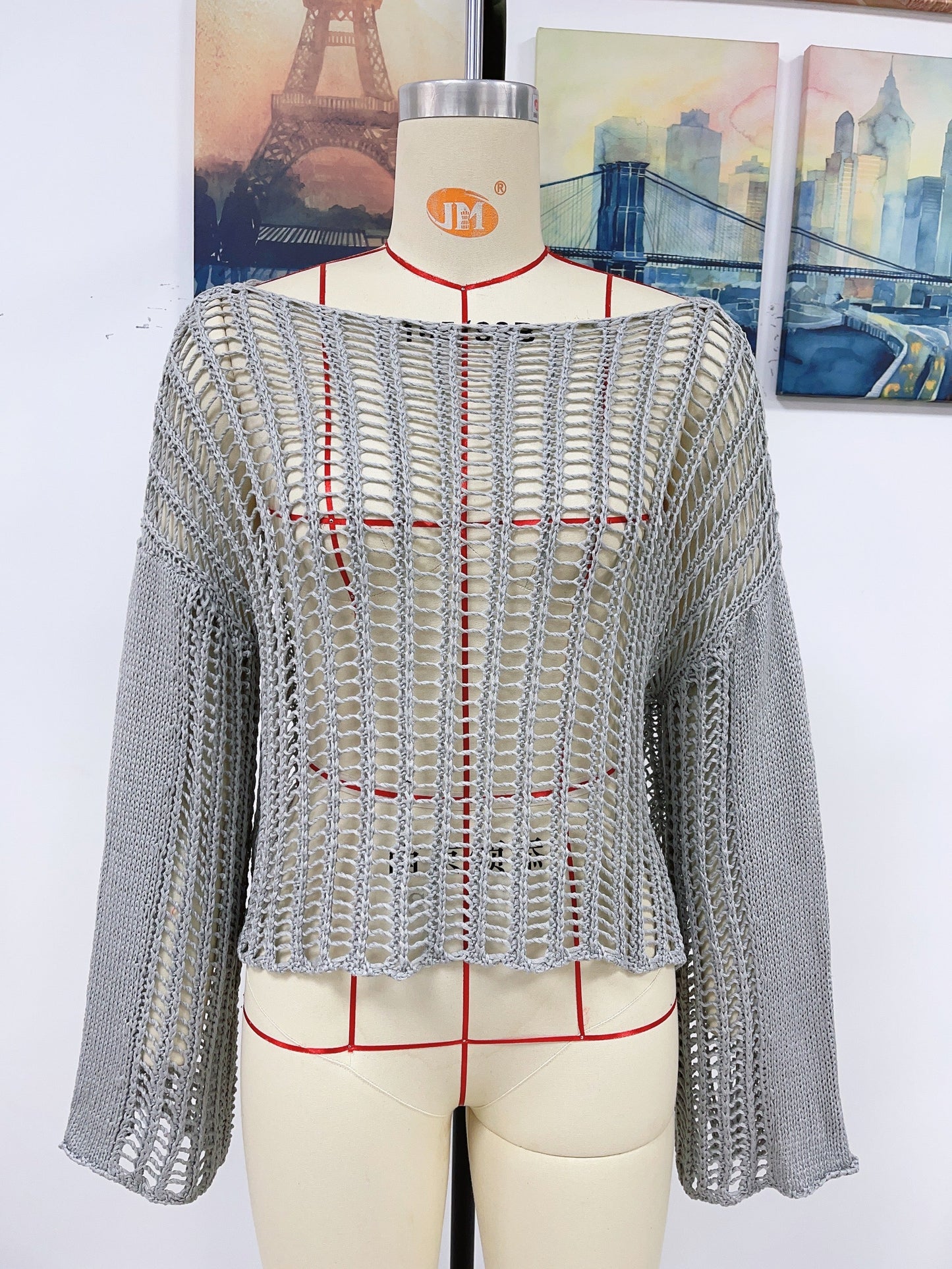 Blusa de punto para mujer, tejida a mano, con hombros descubiertos y aberturas, para primavera y verano