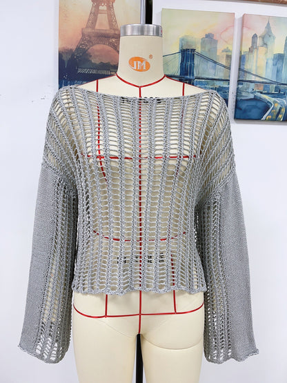 Blusa de punto para mujer, tejida a mano, con hombros descubiertos y aberturas, para primavera y verano