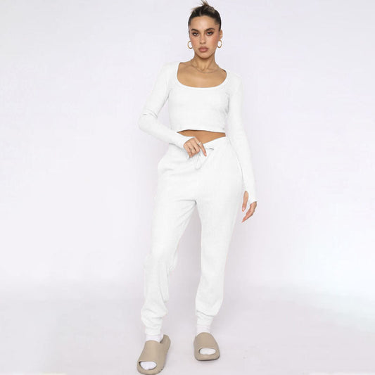 Traje de dos piezas para mujer, jersey de cuello en U, manga larga, pantalones informales, otoño e invierno