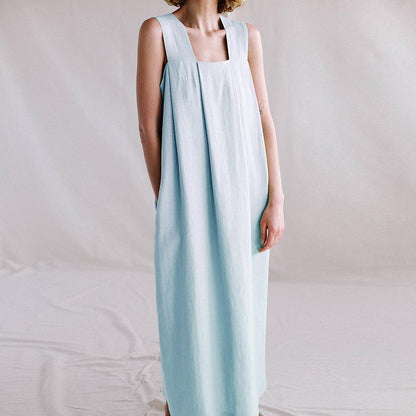 Vestido largo sin mangas de ramio, primavera-verano, diseño francés, holgado, de lino y algodón, con cuello cuadrado, camisola