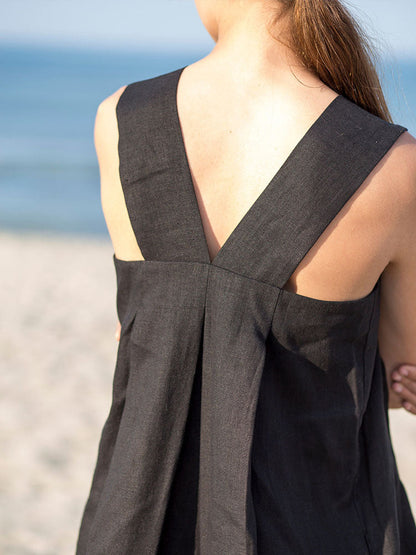 Vestido largo sin mangas de ramio, primavera-verano, diseño francés, holgado, de lino y algodón, con cuello cuadrado, camisola