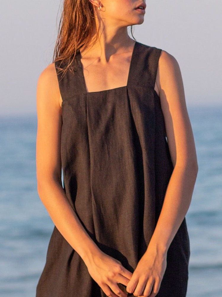 Vestido largo sin mangas de ramio, primavera-verano, diseño francés, holgado, de lino y algodón, con cuello cuadrado, camisola