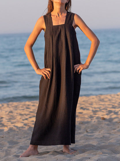 Vestido largo sin mangas de ramio, primavera-verano, diseño francés, holgado, de lino y algodón, con cuello cuadrado, camisola