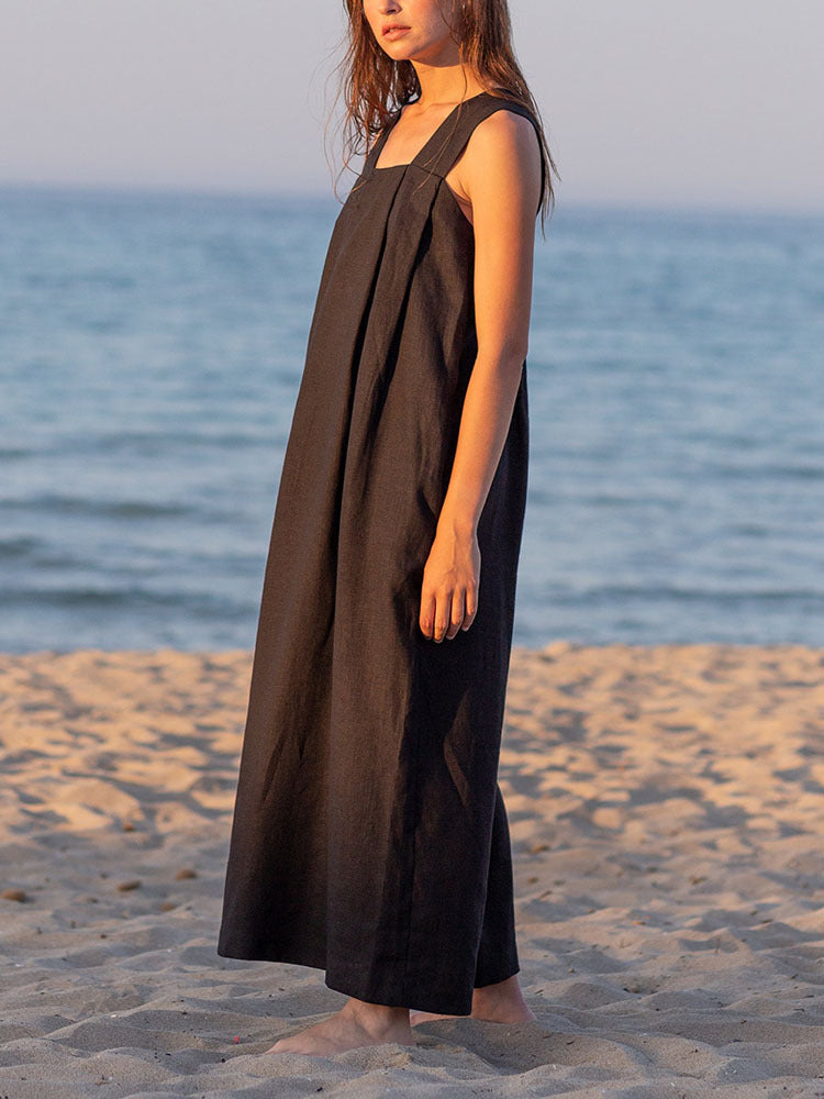 Vestido largo sin mangas de ramio, primavera-verano, diseño francés, holgado, de lino y algodón, con cuello cuadrado, camisola