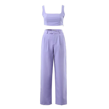 Ropa de invierno para mujer, camiseta corta sin mangas, pantalones casuales con hebilla de cintura alta, traje para mujer